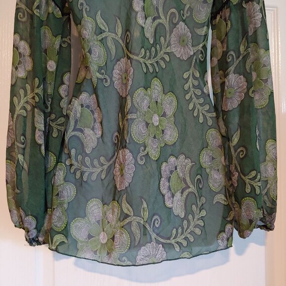 Ing Y2K Boho Sheer Floral Green Flowy Long Puff Sleeve Top M Hippie - Picture 11 of 14
